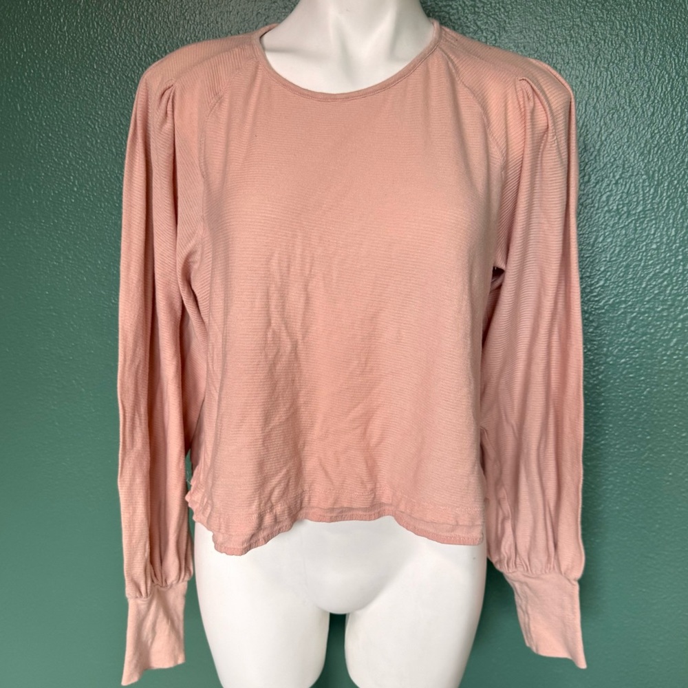 Free People Long Sleeve Pink Ribbon Shirt Top Pleats Poofy Sleeves